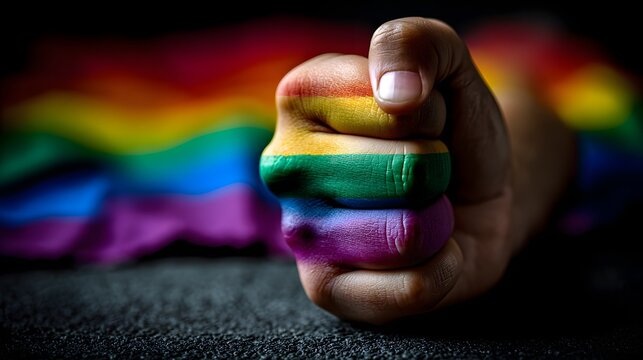Starke Faust in Regenbogenfarben als Symbol für Gleichberechtigung und Stolz
