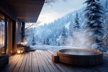 Cozy wooden hot tub on a snowy deck surrounded by evergreen trees, with warm light from lanterns creating a serene winter retreat atmosphere for relaxation