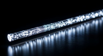 Close up of a single illuminated fiber optic cable with sparkling light reflections on black background.