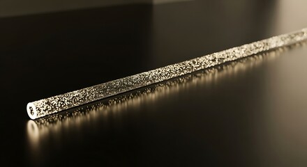 Intricate patterned metallic object casting a reflection on a dark reflective surface.