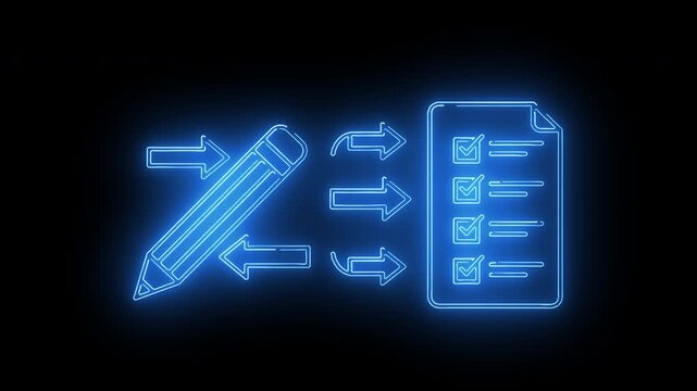 Animated content submission and file transfer process with neon arrows and glowing blue documents