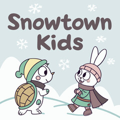 Snowtown kids illustration with turtle and rabbit