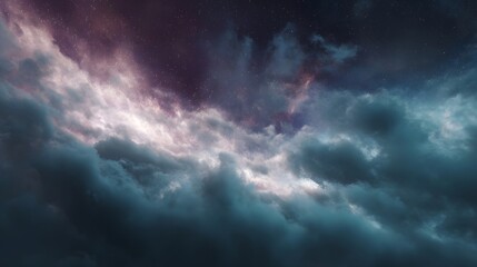 Dramatic cosmic clouds with purple and pink light against a starry night sky