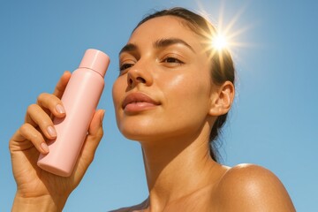 Sunscreen Bliss: A radiant individual, holds a bottle of sunscreen. The image represents outdoor beauty and skin care