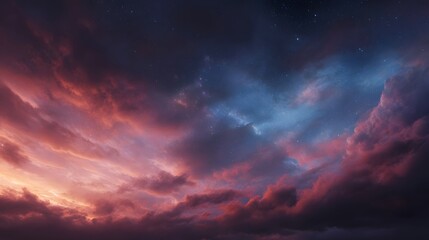 Obraz premium Vibrant clouds at twilight with distant stars create a dramatic cosmic sky
