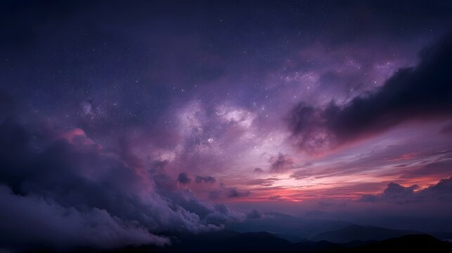 A vibrant twilight sky with dramatic clouds stars and distant mountains