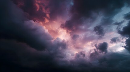 Obraz premium Dramatic sky filled with colorful moody storm clouds illuminated by vibrant twilight hues