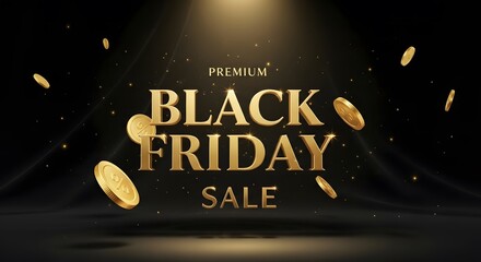 Premium black friday sale banner with golden coins and spotlight on black background