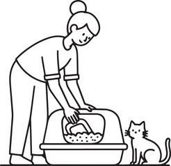 Woman Cleaning Cat Litter Box with Scoop and Pet Cat Line Art Illustration
