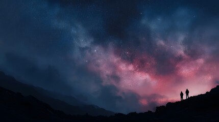 Obraz premium Silhouetted figures observe a vibrant star filled galaxy and nebula over a dark mountain landscape