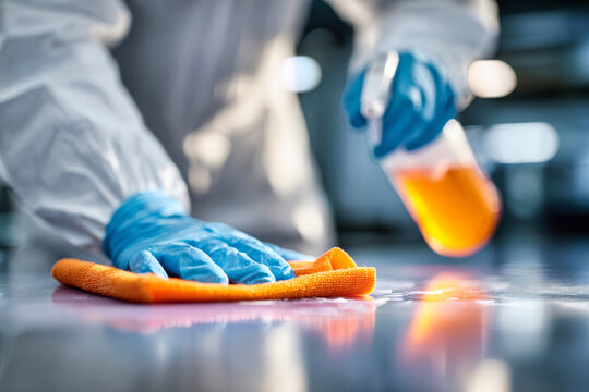 Cleaning a surface with disinfectant at a facility