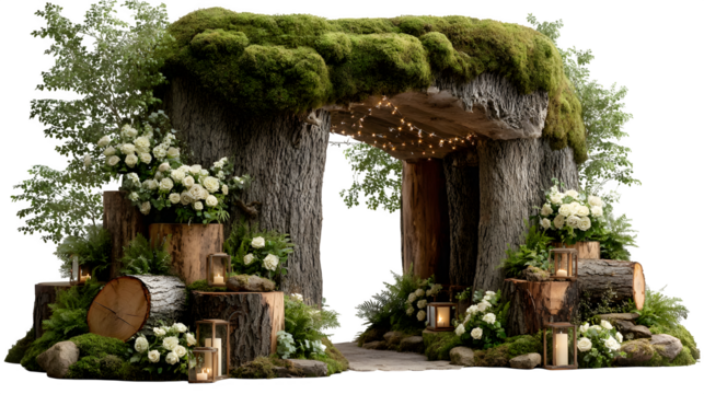 Rustic wedding arch adorned with moss white roses ferns and string lights creates a magical and enchanting outdoor ceremony backdrop setting