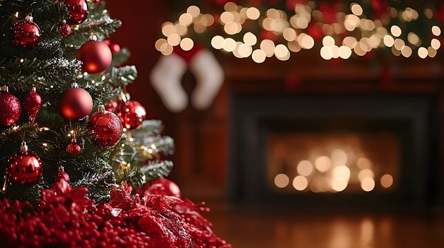 A vibrant Christmas tree adorned with red ornaments stands near a flickering fireplace in a warm living room.