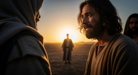 Jesus Christ teaching his disciples in the desert during a golden sunset. Biblical narrative scene with a silhouetted figure in the background