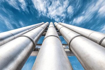 Factory chimneys reaching into the blue sky create a striking industrial landscape in the distance