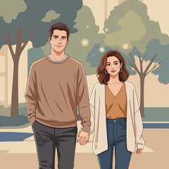 A young couple holding hands walking together outdoors.