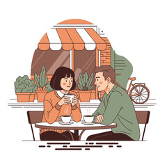 Couple enjoying coffee and conversation at an outdoor cafe.