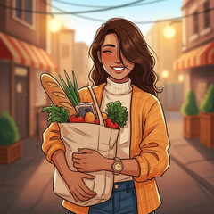 Happy woman holding grocery bag full of fresh food.