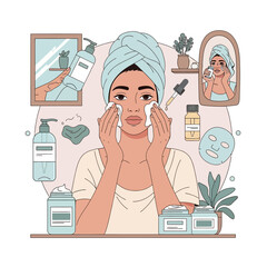 Woman Cleansing Face with Cotton Pads in Skincare Routine.