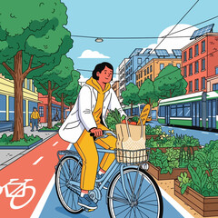 A young woman in a white coat rides her bicycle with groceries.