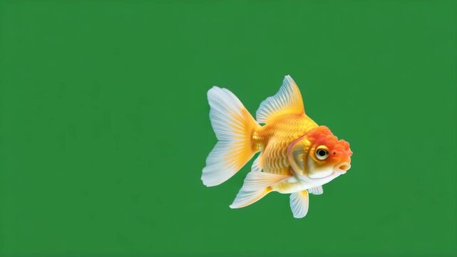 Majestic Oranda Goldfish swimming gracefully on a vibrant green screen background with flowing