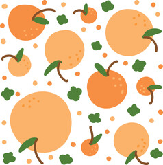 Cute Flat Orange Pattern with Green Leaves on White Background