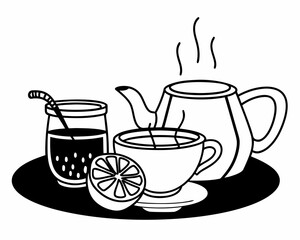 Illustration of tea and lemon on a tray