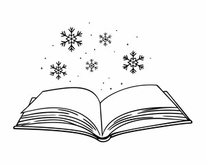 Illustration of an open book with snowflakes