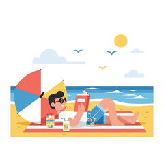 Man reading book on beach under umbrella enjoying vacation leisure time.