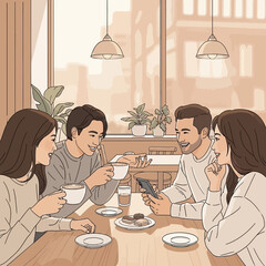 Friends Enjoying Coffee and Conversation at a Cafe.