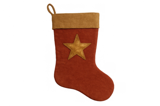 Christmas stocking made of red felt with a golden star, holiday winter decoration, transparent background
