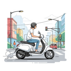 Person riding a white scooter on a city street wearing a helmet.