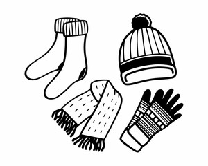 Winter accessories including hat, scarf, socks, gloves