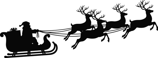 Silhouette of Santa Claus riding sleigh with flying reindeer carrying Christmas gifts in winter night sky festive holiday illustration