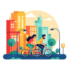 Couple Cycling Through Cityscape Illustration.