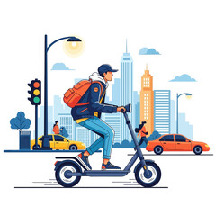 Young man in casual clothing riding a modern electric scooter.