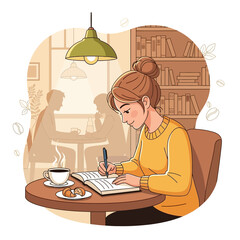 Young woman with a hair bun writing in a notebook.