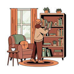 Person in a cozy beanie and sweater choosing a book from a bookshelf.
