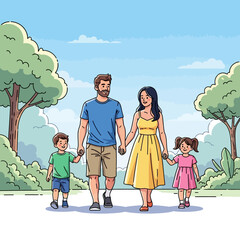 A happy family of four walking together holding hands.