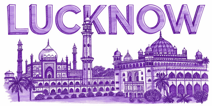 Lucknow Skyline Sketch with Cultural Heritage Touch for Tourism Promotion Featuring Rumi Darwaza, Bara Imambara, Chota Imambara, Ambedkar Park, and Clock Tower | Hand Drawn Cityscape Art Illustration