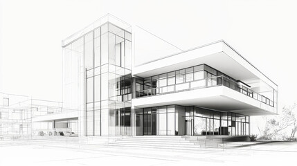 Modern architectural sketch of a sleek multi-story house with elegant design and large windows