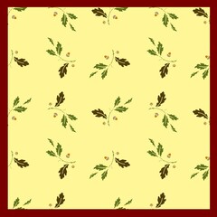 Pattern features oak leaves (Quercus) and acorns on a light-yellow background. Leaves are dark and light green, with brown acorns scattered throughout