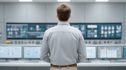 Engineer Stands Before Industrial Systems Display in Modern Control Room with Advanced Technology and Data Visualization Tools