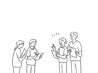 申し送り、ミーティングをする看護師、介護士、線画