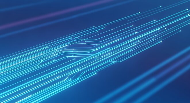 Abstract Blue Digital Data Streams with Light Trails on Dark Background for Technology and Communication Concepts - Powered by Adobe