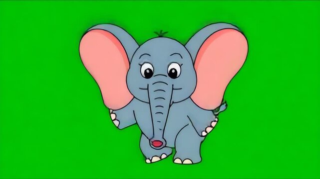 Cute cartoon baby elephant with big ears standing on green screen background animated character