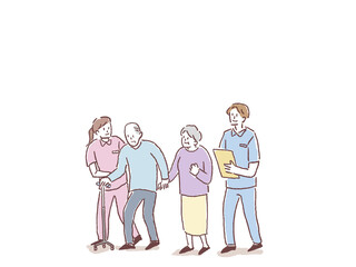 杖をついて歩く男性を支える介護士、看護師と家族、リハビリ