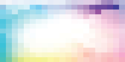A vibrant abstract background featuring a mosaic of colorful pastel pixels framing a central white space.