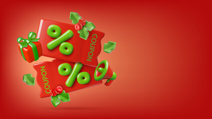 3d Christmas sale coupons on red background with holly berry, gift box and megaphone. Holiday shopping discount concept three dimensional style vector illustration.