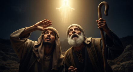 Ancient shepherds looking up in awe at a divine angelic revelation in the night sky. Biblical nativity scene of the Annunciation. Christmas story concept